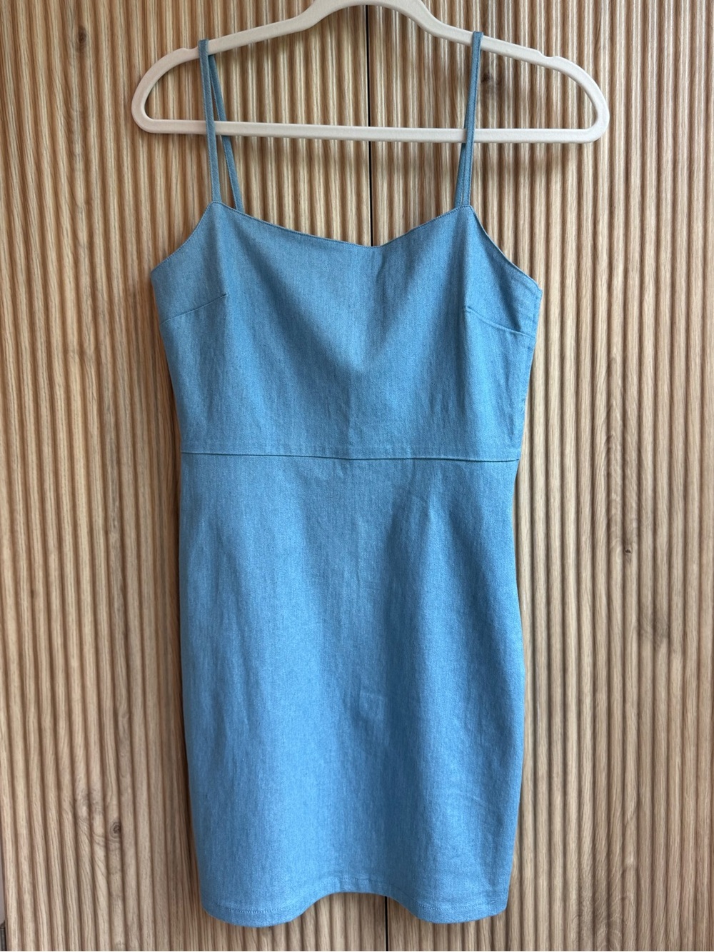 Von Maur Crystal Doll Light Blue Stretch Denim Spaghetti Strap Mini Dress